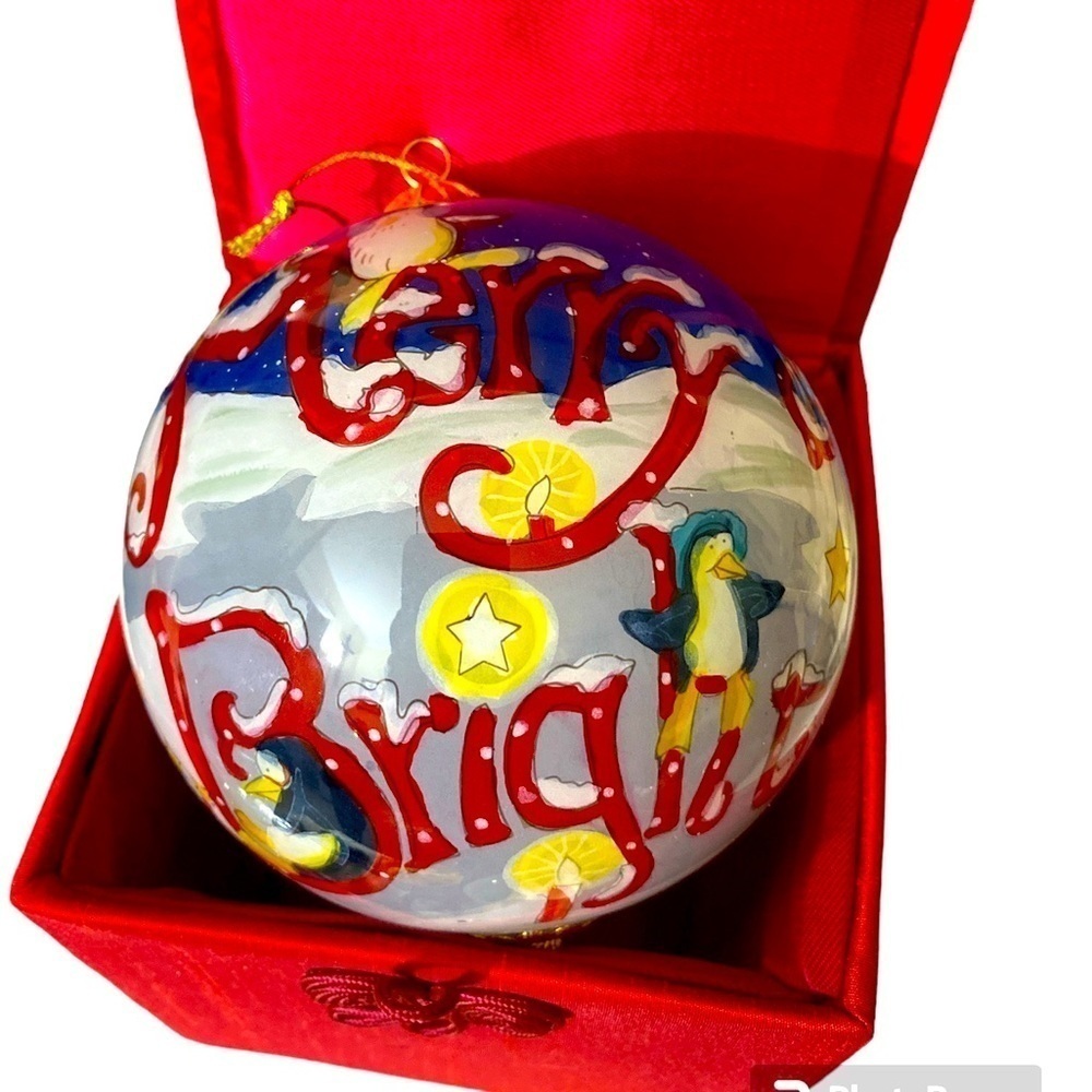 Glass Christmas bulbs ornaments heavy merry bright penguins sledding. #6